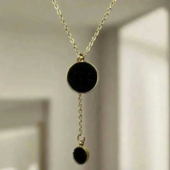 *NEW*  18K Gold Plated Titanium Steel Necklace w/ Double Circle Pendants - Picture 4 of 7